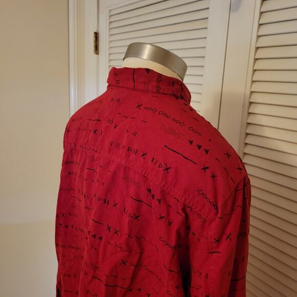 90s Abstract Print Red Plush Button Up Shirt Dressbarn XL Geometric Motif - Picture 5 of 7